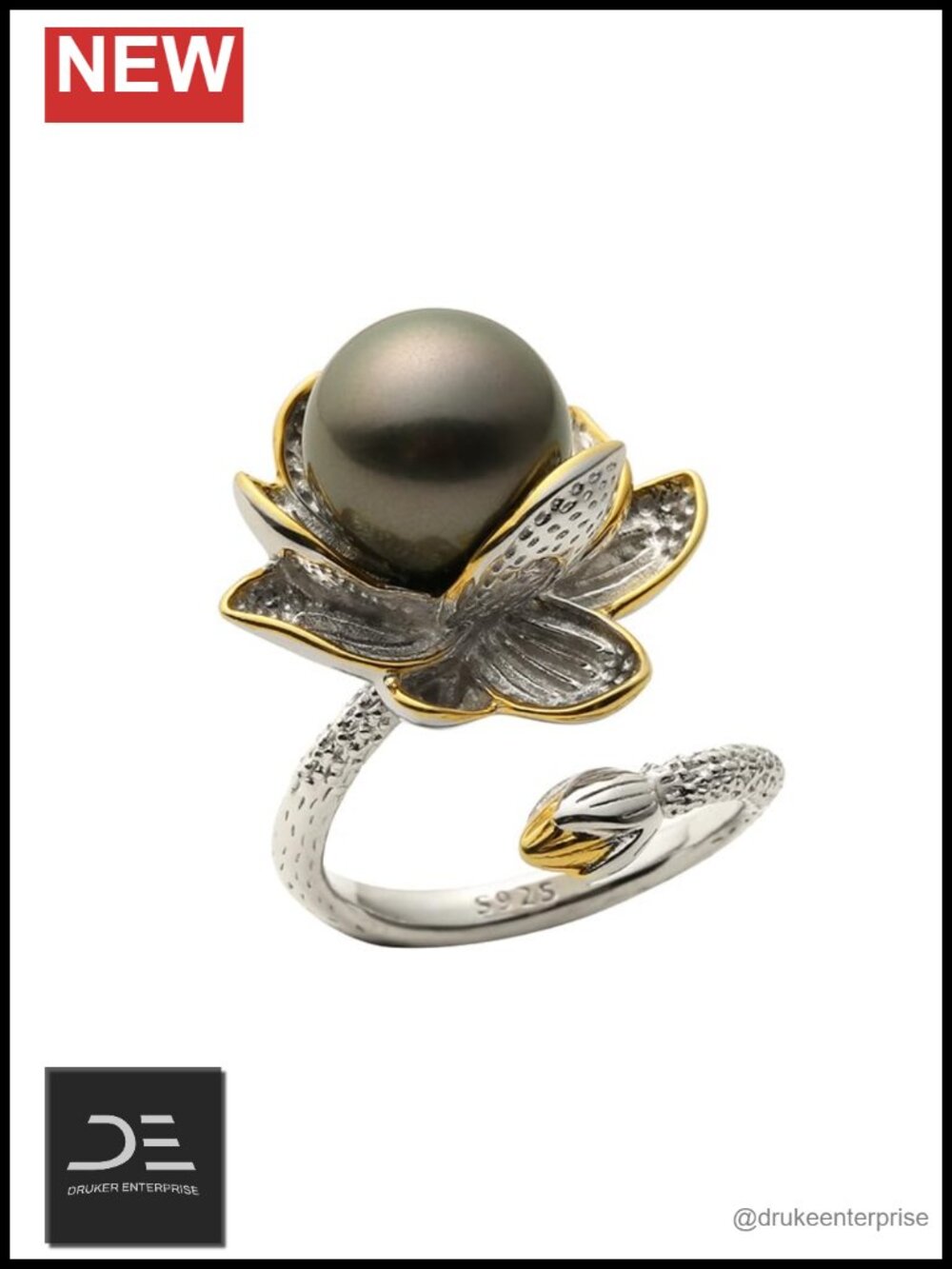 Real Tahitian Cultured Black Pearl Ring, 925 Sterling Silver 18k Gold Plated